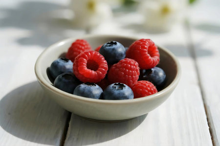 Close up of fresh blueberries and raspberries with mint leaves in a ceramic bowl on a rustic wooden table. Natural daylight, vibrant colors, perfect for food, summer, or health-themed content.の素材