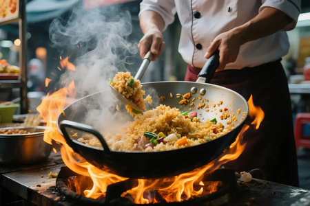 Close up of a chef stir frying fried rice in a wok over an open flame. Steamy street food scene with vibrant ingredients, intense heat, and authentic Asian culinary action.の素材