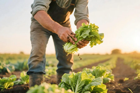 Close up of a farmer harvesting green lettuce by hand in a vegetable field at sunrise. Dirty hands show authentic farming work and connection to natural agricultureの素材