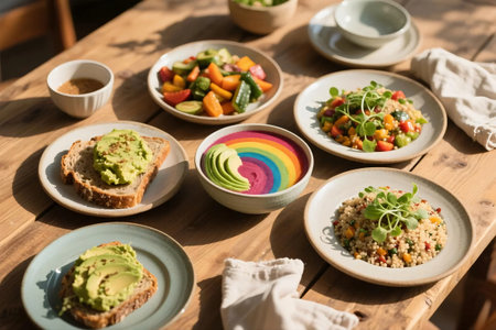 Top down view of assorted healthy plant-based dishes including avocado toast, quinoa salad, smoothie bowl, and roasted veggies on rustic wooden table in warm natural sunlight.の素材