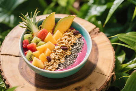 Delicious and healthy acai smoothie bowl topped with fresh blueberries, kiwi slices, chia seeds, and peach on marble background. Perfect for breakfast, diet, vegan, or clean eating conceptsの素材