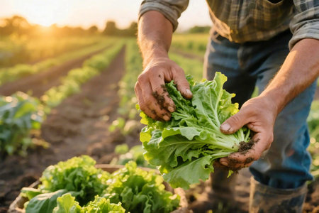 Close up of a farmer harvesting green lettuce by hand in a vegetable field at sunrise. Dirty hands show authentic farming work and connection to natural agricultureの素材