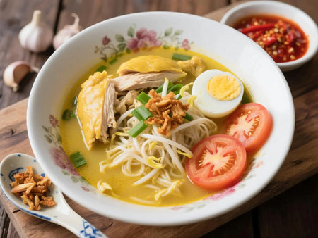 Traditional Indonesian Soto Ayam served in a floral bowl with shredded chicken, noodles, hard-boiled egg, bean sprouts, tomatoes, scallions, crispy shallots, and sambal. Rustic wooden backgroundの素材