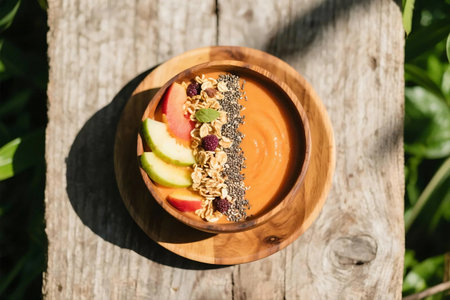 Delicious and healthy acai smoothie bowl topped with fresh blueberries, kiwi slices, chia seeds, and peach on marble background. Perfect for breakfast, diet, vegan, or clean eating conceptsの素材