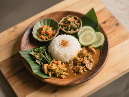 Top down view of traditional Indonesian rice meal with curry, side vegetables, and sambal, served on a wooden tray with banana leaf and wooden spoon. Perfect for Asian food and culinary themesの素材