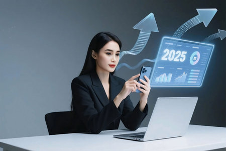 Young businesswoman using smartphone and laptop to analyze digital financial charts. Futuristic data visualization shows stock trends, growth arrows, and economic analytics.の素材