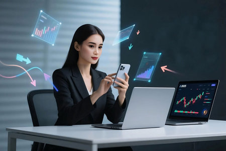 Young businesswoman using smartphone and laptop to analyze digital financial charts. Futuristic data visualization shows stock trends, growth arrows, and economic analytics.の素材