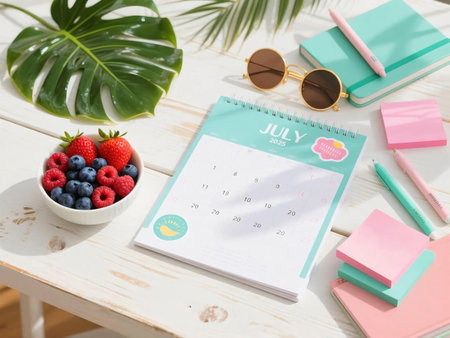 Top-down view of a July 2025 desk calendar on white wood, with fresh berries, sunglasses, tropical leaf, pastel stationery, and summer vibes. Ideal for seasonal planning, lifestyle, or editorial.の素材