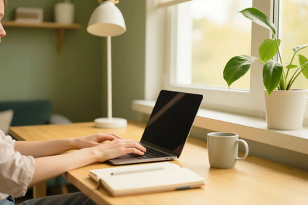 A bright minimalist home workspace with a laptop, green coffee mug, potted plant, keyboard, and notepad by a window. Perfect for remote work, freelance, or productivity themes.の素材