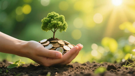 Investment Concept. Plant Growing In Savings Coins Money. Business Development.の素材