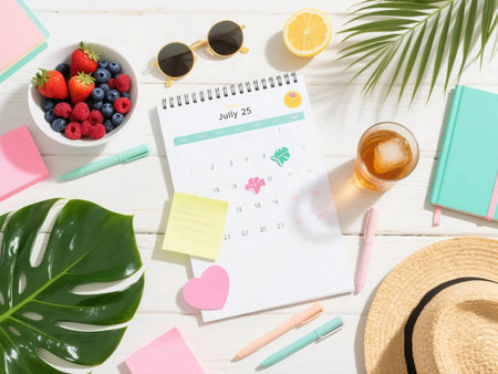 Top-down view of a July 2025 desk calendar on white wood, with fresh berries, sunglasses, tropical leaf, pastel stationery, and summer vibes. Ideal for seasonal planning, lifestyle, or editorial.の素材
