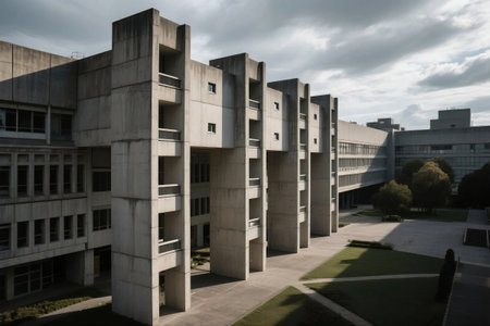 Brutalist university building with raw concrete facade, strong geometric lines, and minimalist landscaping under moody skies. A striking example of mid-20th-century architectureの素材