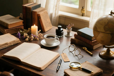 Cozy vintage writer's desk with antique books, handwritten letters, candles, ink bottle, magnifier, and globe. A nostalgic literary workspace with warm natural lighting.の素材