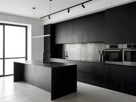 Industrial-style kitchen with matte black surfaces and brushed metal, bold minimalist design with natural lightingの素材
