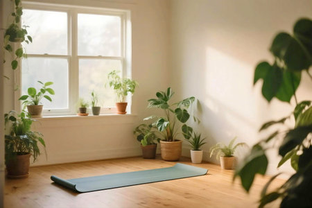 Minimalist yoga space in a bright room with houseplants and natural light. Green mat on wooden floor near window, surrounded by cozy earthy decor. Tranquil and relaxing atmosphere.の素材