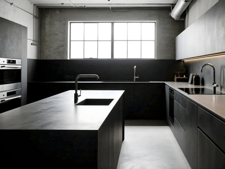 Industrial-style kitchen with matte black surfaces and brushed metal, bold minimalist design with natural lightingの素材