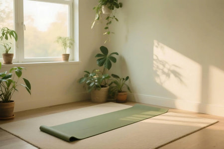 Minimalist yoga space in a bright room with houseplants and natural light. Green mat on wooden floor near window, surrounded by cozy earthy decor. Tranquil and relaxing atmosphere.の素材