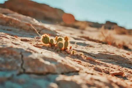 Macro shot of a small cactus emerging from desert soil, surrounded by rocks and bathed in golden sunlight. Perfect for nature, ecology, desert survival, and environmental concepts.の素材