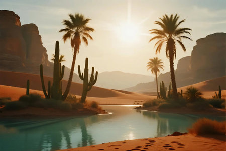 Stunning desert oasis scene with a calm water stream, cactus, and palm trees under the warm golden sunset. Tranquil landscape perfect for nature, travel, or exotic destination themesの素材