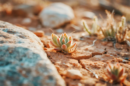 Macro shot of a small cactus emerging from desert soil, surrounded by rocks and bathed in golden sunlight. Perfect for nature, ecology, desert survival, and environmental concepts.の素材