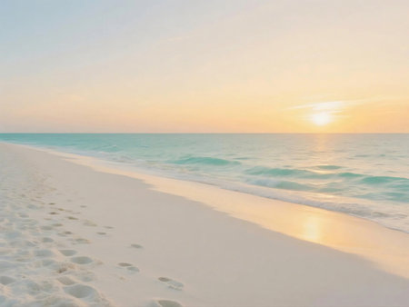 Tranquil tropical beach scene with footprints on white sand, soft ocean waves, and a golden sunset sky. Perfect for travel, relaxation, vacation, and coastal lifestyle concepts.の素材
