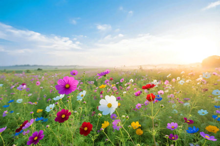 Cosmos flowers in the field in summer on blue sky background soft focus, beautiful cosmos flowers fieldの素材