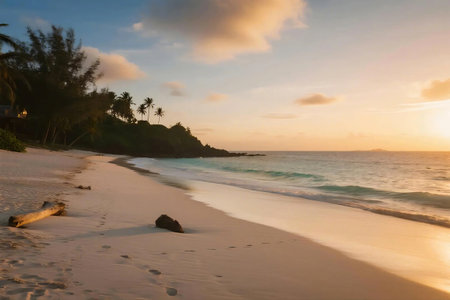Scenic tropical beach at sunset with palm trees lining the coast and soft waves lapping the shore. A peaceful paradise ideal for travel, summer, vacation, and nature-themed visuals.の素材