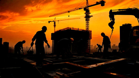 Silhouetted construction workers and machinery on a building site at sunset. Urban development scene with cranes and excavator under a vibrant, colorful evening skyの素材