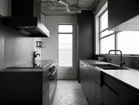 Industrial-style kitchen with matte black surfaces and brushed metal, bold minimalist design with natural lightingの素材