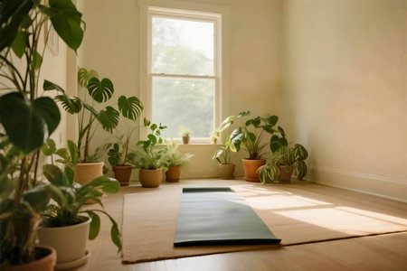 Minimalist yoga space in a bright room with houseplants and natural light. Green mat on wooden floor near window, surrounded by cozy earthy decor. Tranquil and relaxing atmosphere.の素材