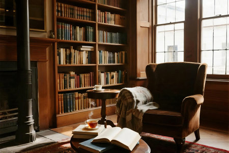 Elegant vintage library with tall wooden bookshelves, a study desk filled with books and scrolls, reading glasses, and a warm glowing lamp in a quiet, classic setting.の素材