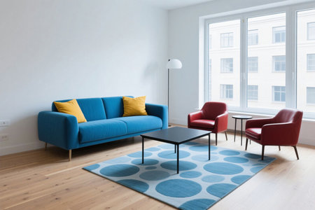 Minimalist living room interior with natural light, blue sofa, red armchairs, round rug, and large windows. Scandinavian design style in modern residential apartmentの素材