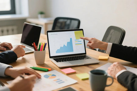 Business team analyzing financial growth data using a laptop and printed reports during a meeting in a modern office. A finger points at a rising chart on the screen, indicating success.の素材