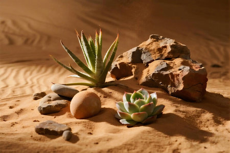 Close up of a succulent and small cactus on textured desert sand, surrounded by pebbles and stones under warm natural sunlight. Ideal for botanical, desert plant, and eco-themed visuals.の素材