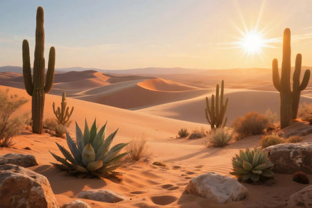 Peaceful desert scene at sunrise featuring tall saguaro cacti, agave plants, rocks, and soft sand dunes glowing in golden morning light. Ideal for nature, travel, and landscape themes.の素材
