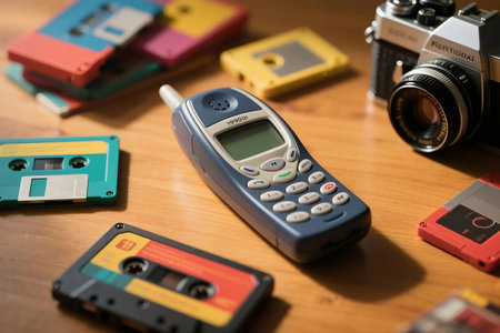A nostalgic flat lay featuring an old mobile phone, retro cassette tapes, and a vintage film camera on aged wood. Perfect for retro tech, analog media, or nostalgia themed designs.の素材