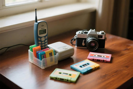 A nostalgic flat lay featuring an old mobile phone, retro cassette tapes, and a vintage film camera on aged wood. Perfect for retro tech, analog media, or nostalgia themed designs.の素材