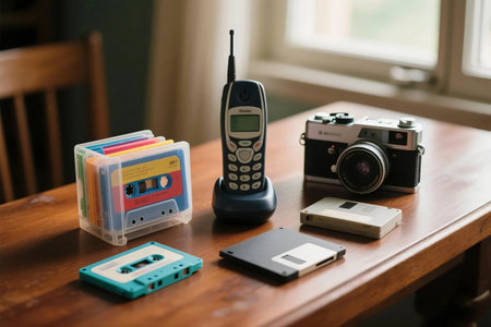 A nostalgic flat lay featuring an old mobile phone, retro cassette tapes, and a vintage film camera on aged wood. Perfect for retro tech, analog media, or nostalgia themed designs.の素材