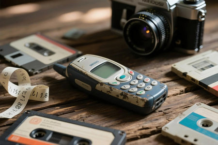 A nostalgic flat lay featuring an old mobile phone, retro cassette tapes, and a vintage film camera on aged wood. Perfect for retro tech, analog media, or nostalgia themed designs.の素材