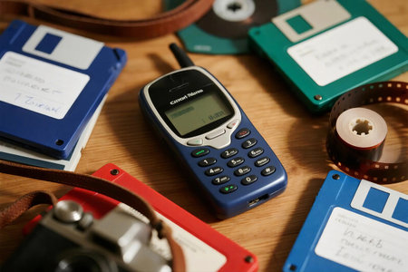 A nostalgic flat lay featuring an old mobile phone, retro cassette tapes, and a vintage film camera on aged wood. Perfect for retro tech, analog media, or nostalgia themed designs.の素材