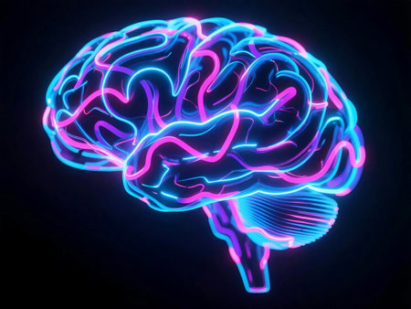 Futuristic neural network forming a glowing brain with electric hues. Ideal for AI, data, and innovation themes.の素材