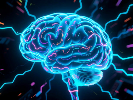 Futuristic neural network forming a glowing brain with electric hues. Ideal for AI, data, and innovation themes.の素材