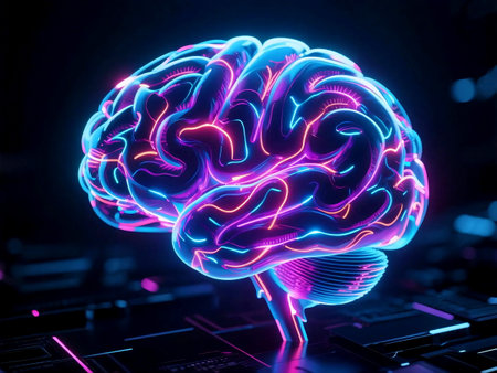 Futuristic neural network forming a glowing brain with electric hues. Ideal for AI, data, and innovation themes.の素材
