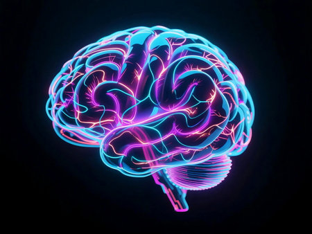 Futuristic neural network forming a glowing brain with electric hues. Ideal for AI, data, and innovation themes.の素材