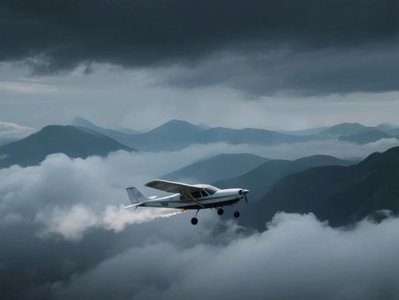 A small aircraft disperses powder or chemicals over a cloudy mountainous landscape. Aerial shot shows the plane in flight with dramatic clouds and distant peaks under a moody skyの素材