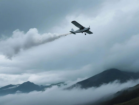 A small aircraft disperses powder or chemicals over a cloudy mountainous landscape. Aerial shot shows the plane in flight with dramatic clouds and distant peaks under a moody skyの素材