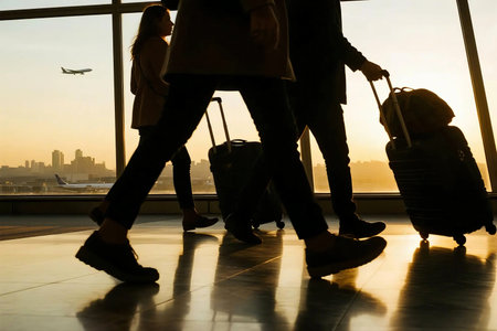 Silhouettes of business travelers walking with luggage inside an airport terminal at sunset. Airplane landing and urban skyline visible through large glass windows. Travel and business theme.の素材