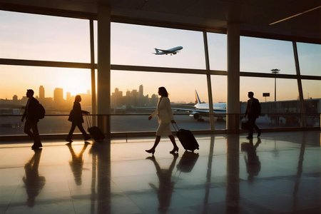 Silhouettes of business travelers walking with luggage inside an airport terminal at sunset. Airplane landing and urban skyline visible through large glass windows. Travel and business theme.の素材