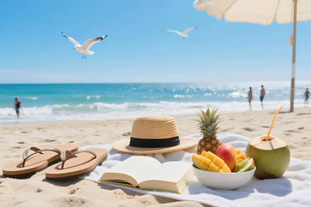 Tropical summer scene with fresh fruit, coconut drink, flip flops, and book on a beach towel under umbrella. Clear blue sky, seagulls flying, ocean view perfect for vacation and lifestyle themes.の素材