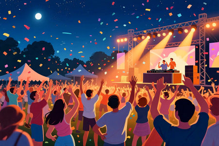 Vibrant outdoor music festival with DJ on stage, cheering crowd, bright lights, and confetti. A joyful nightlife scene full of energy, unity, and celebrationの素材